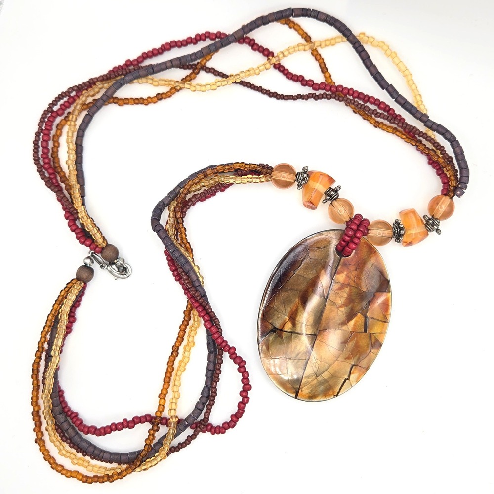 Boho Statement Pendant Necklace‎ Multi Strand Beaded Earth Tones - Picture 2 of 5